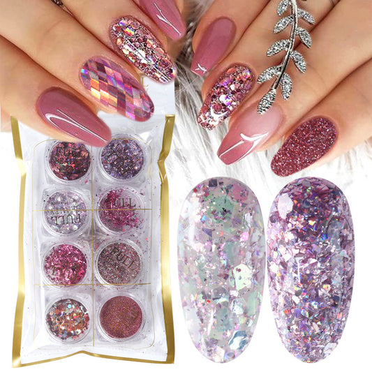 Set de 8 cajas de purpurina holográfica para uñas LuxuryGlow: copos de polvo iridiscentes