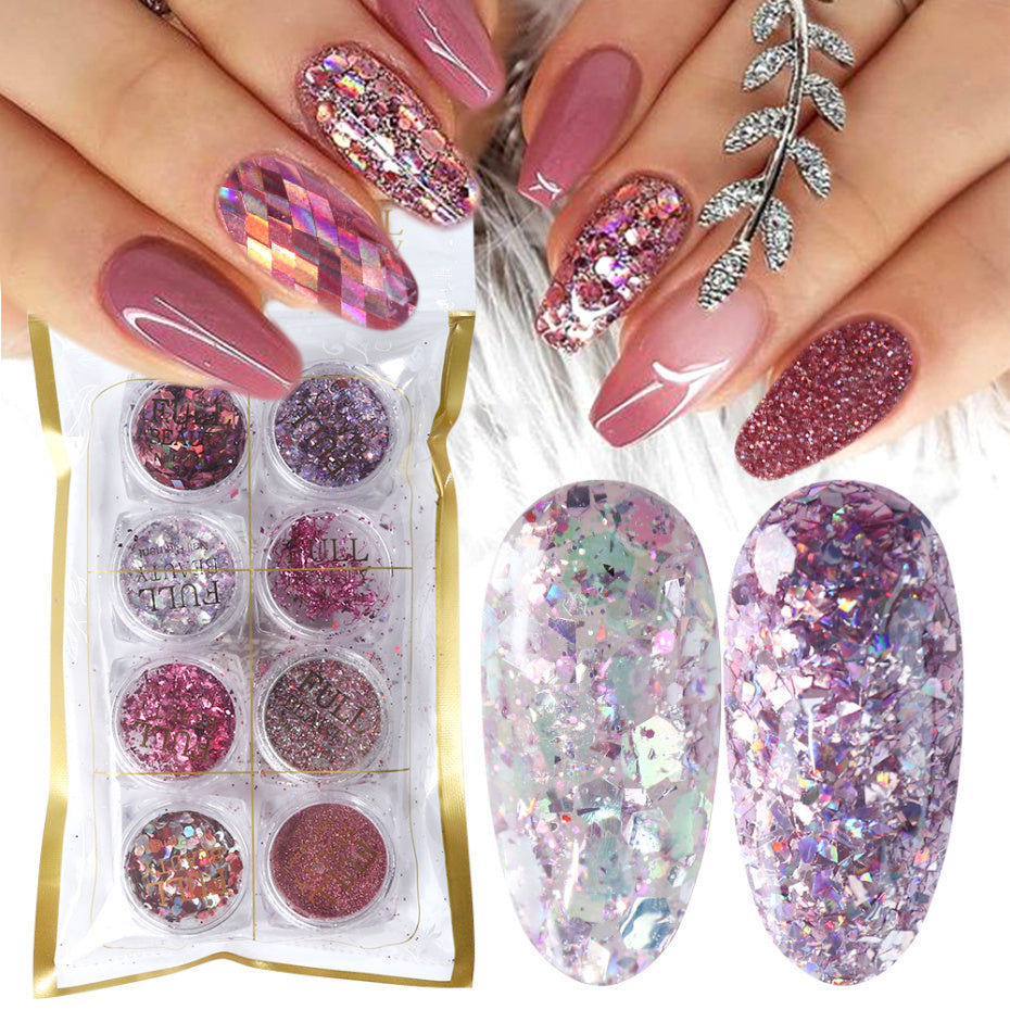 Set de 8 cajas de purpurina holográfica para uñas LuxuryGlow: copos de polvo iridiscentes