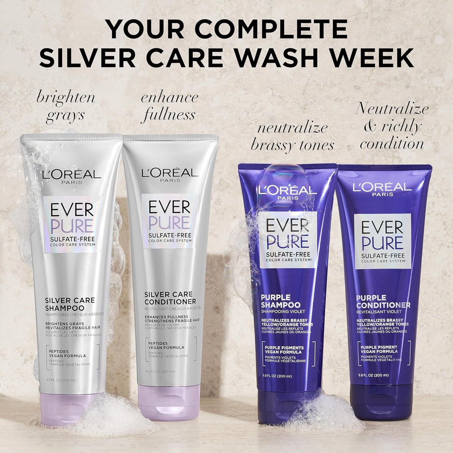 L'Oréal Paris EverPure Silver Care Shampoo & Conditioner Set | Sulfate-Free Vegan Formula with Peptides for Gray & Silver Hair (1 Kit)