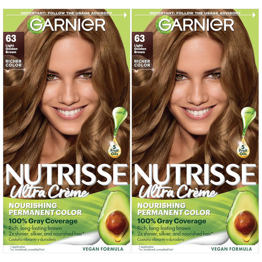 Garnier Nutrisse Nourishing Crème Hair Color – 63 Light Golden Brown (Brown Sugar) | Permanent Hair Dye with 5 Fruit Oils | 100% Gray Coverage | 2 Count