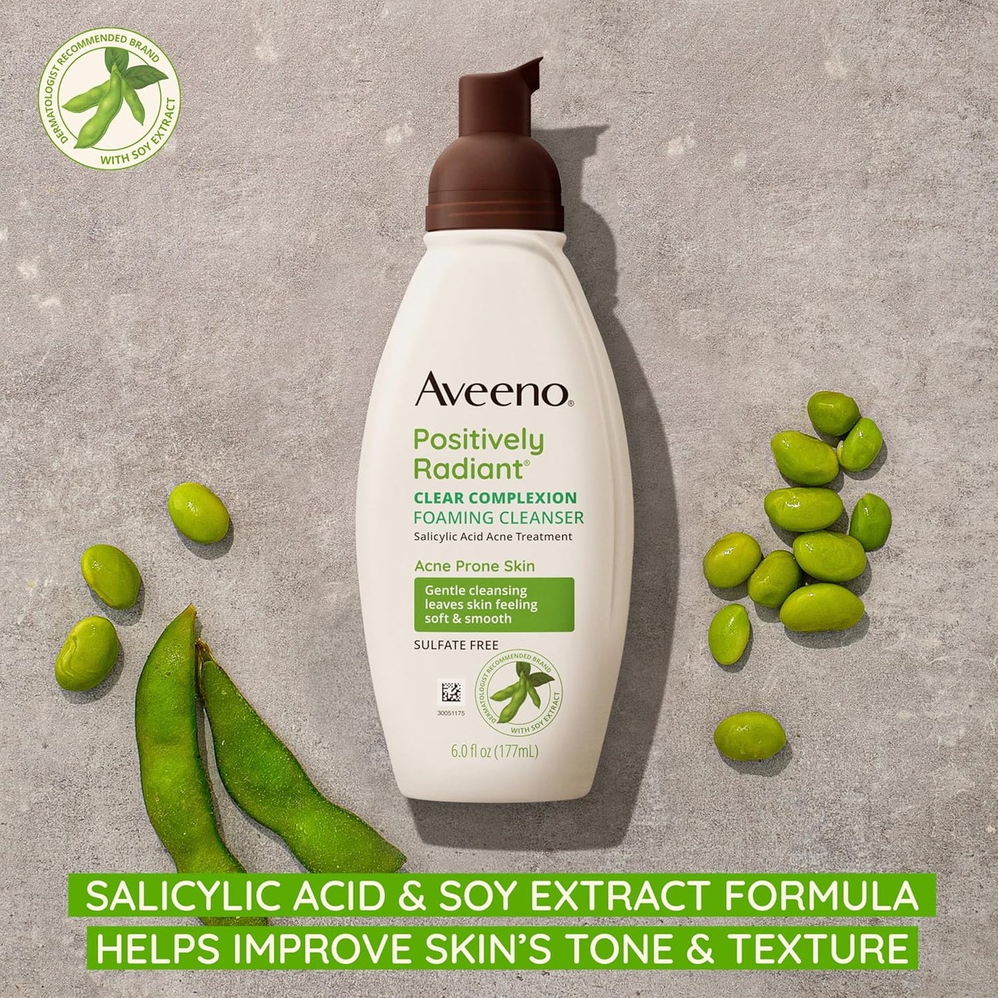Aveeno Clear Complexion Foaming Facial Cleanser with Soy Extract & Salicylic Acid – Oil-Free Acne Face Wash for Breakout-Prone Skin, Sulfate-Free, Hypoallergenic (6 fl oz)