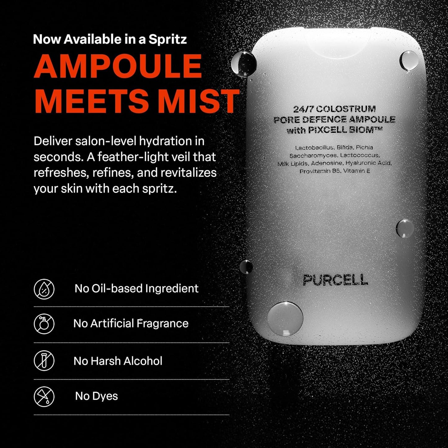 PURCELL 24/7 Colostrum Ampoule Mist – Glass Skin Glow, Long-Lasting Hydration & Poreless Smooth Finish – Hyaluronic Acid & Vitamins – 1.85 fl oz