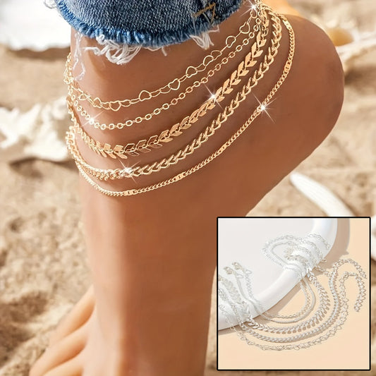 Tobilleras bohemias LuxuryGlow con diseño de avión (5 unidades): cadena de corazón de oro y plata, joyería para el pie para mujer