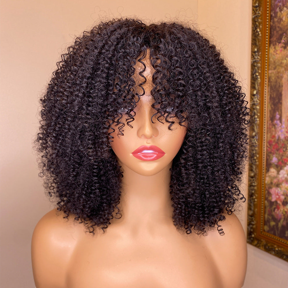 LuxuryGlow Kinky Curly Human Hair Wig with Bangs – Glueless, Natural Look for Women