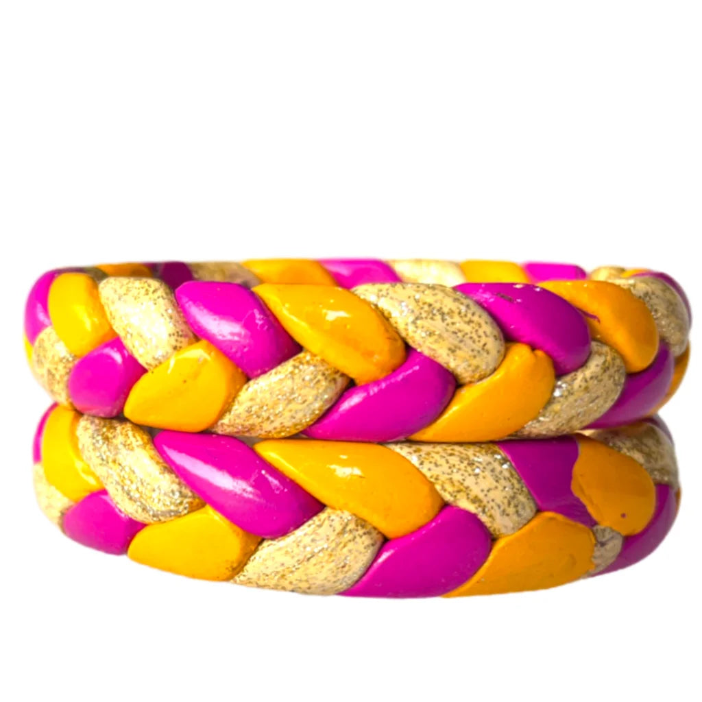 LuxuryGlow Lac Bangles Handmade Jaipur Lac Bangles – Yellow, Hot Pink & Cream with Golden Zari