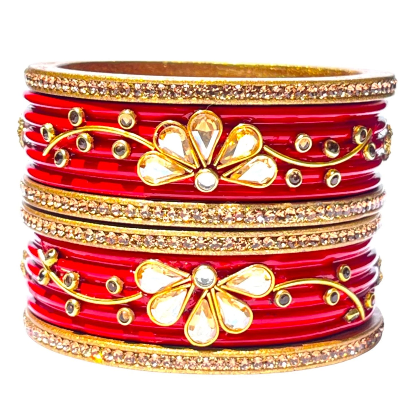 LuxuryGlow Lac Bangles  Royal Crimson: Kundan & Rhinestone Studded Red Set –