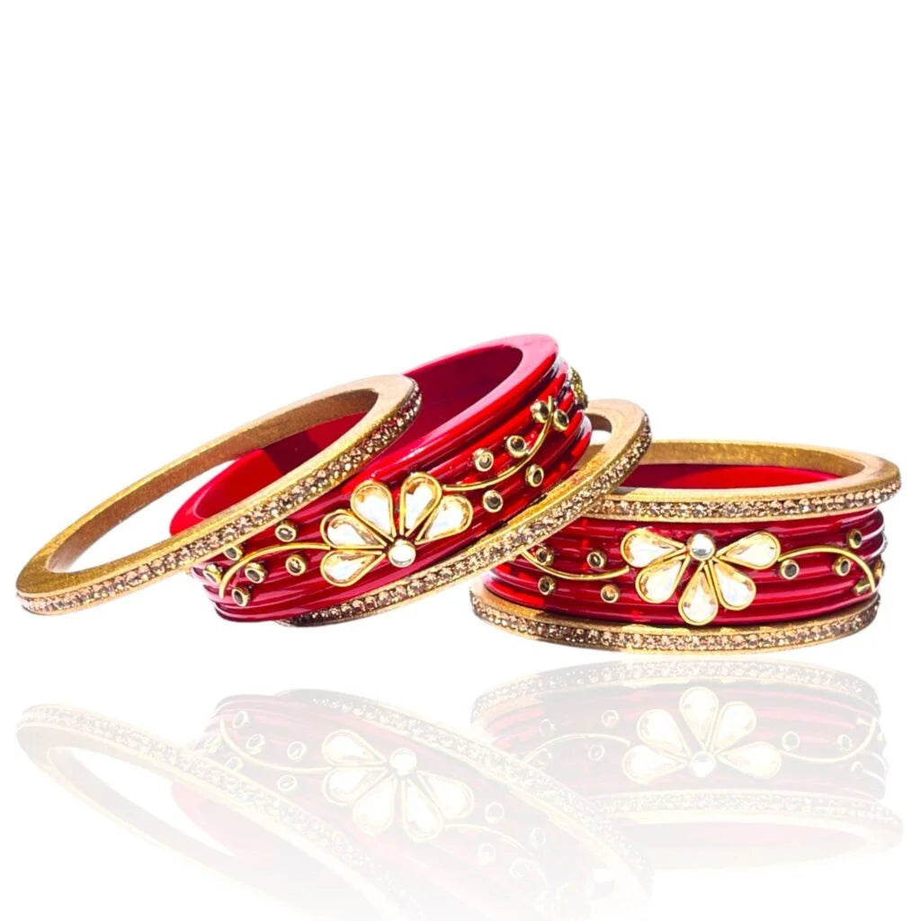 LuxuryGlow Lac Bangles  Royal Crimson: Kundan & Rhinestone Studded Red Set –