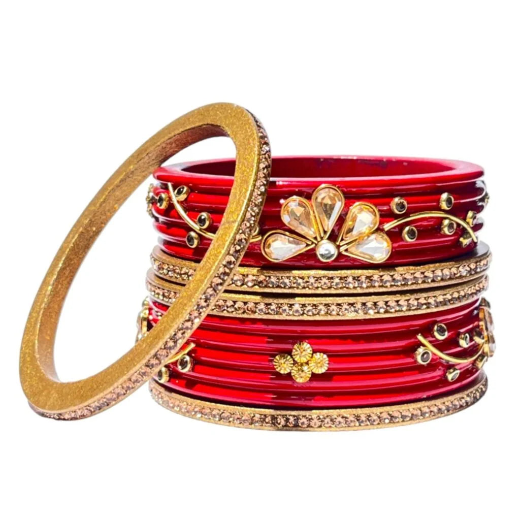 LuxuryGlow Lac Bangles  Royal Crimson: Kundan & Rhinestone Studded Red Set –