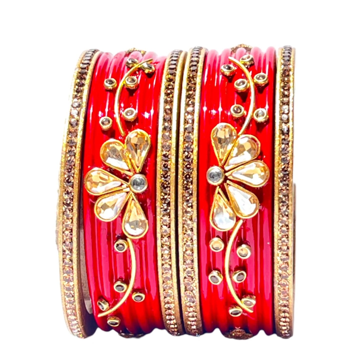 LuxuryGlow Lac Bangles  Royal Crimson: Kundan & Rhinestone Studded Red Set –