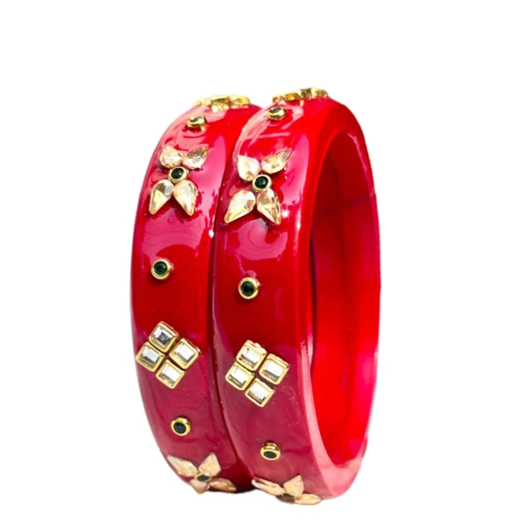LuxuryGlow Lac Bangles  Red Glossy Handcrafted Lac Bangles with Mirror Work –