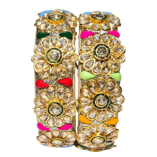 LuxuryGlow Lac Bangles Jaipur Royalty: Handmade Kadi Kungan & Meenakari Lac Bangles – Stone Studded Multicolor Kada Set by LuxuryGlow