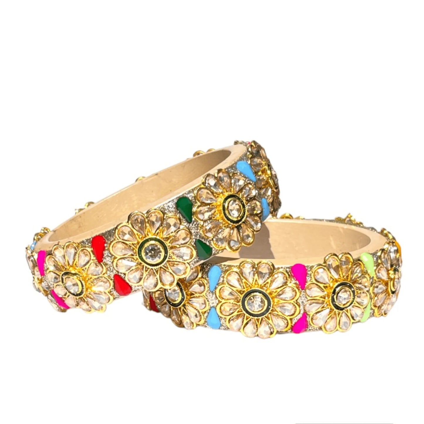 LuxuryGlow Lac Bangles Jaipur Royalty: Handmade Kadi Kungan & Meenakari Lac Bangles – Stone Studded Multicolor Kada Set by LuxuryGlow