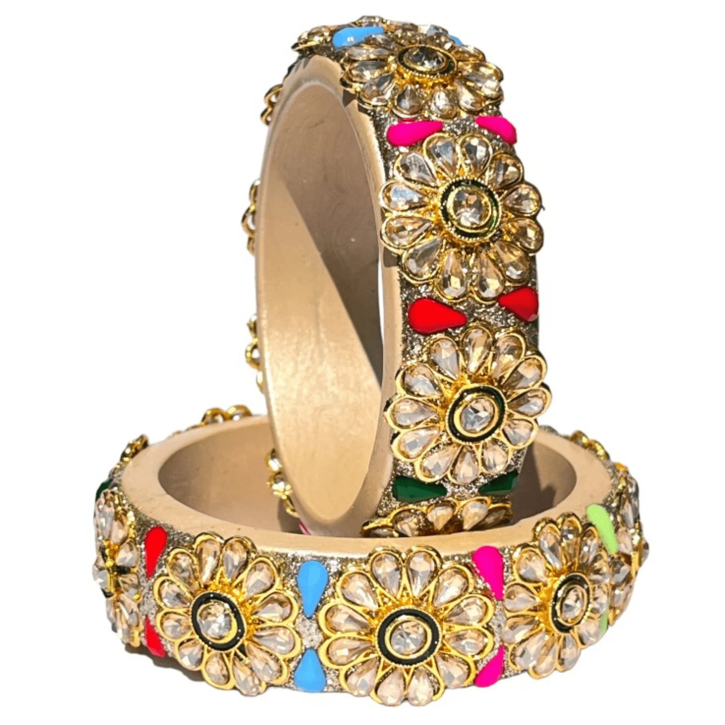 LuxuryGlow Lac Bangles Jaipur Royalty: Handmade Kadi Kungan & Meenakari Lac Bangles – Stone Studded Multicolor Kada Set by LuxuryGlow