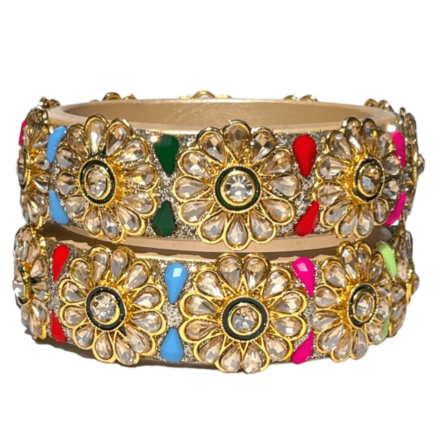 LuxuryGlow Lac Bangles Jaipur Royalty: Handmade Kadi Kungan & Meenakari Lac Bangles – Stone Studded Multicolor Kada Set by LuxuryGlow