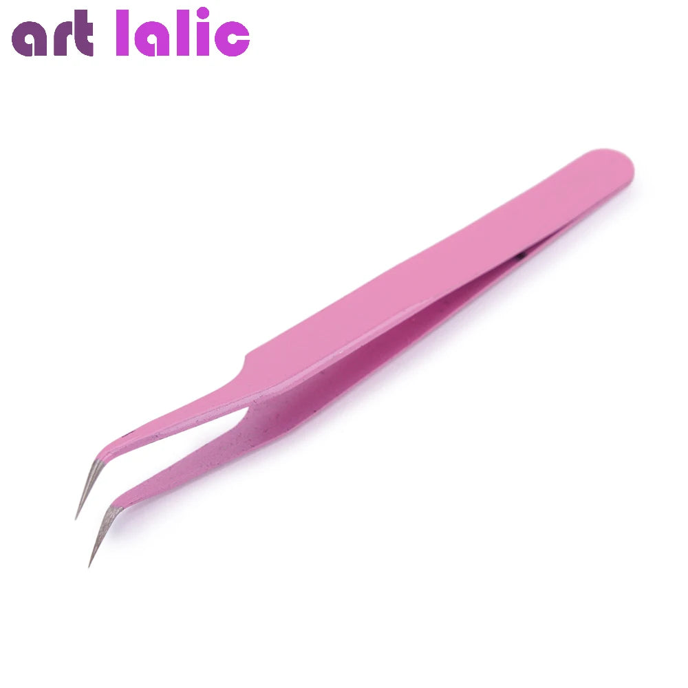 Art Lalic 2PCS Pink Stainless Steel Tweezers Set – Straight & Curved for Eyelash & Nail Art