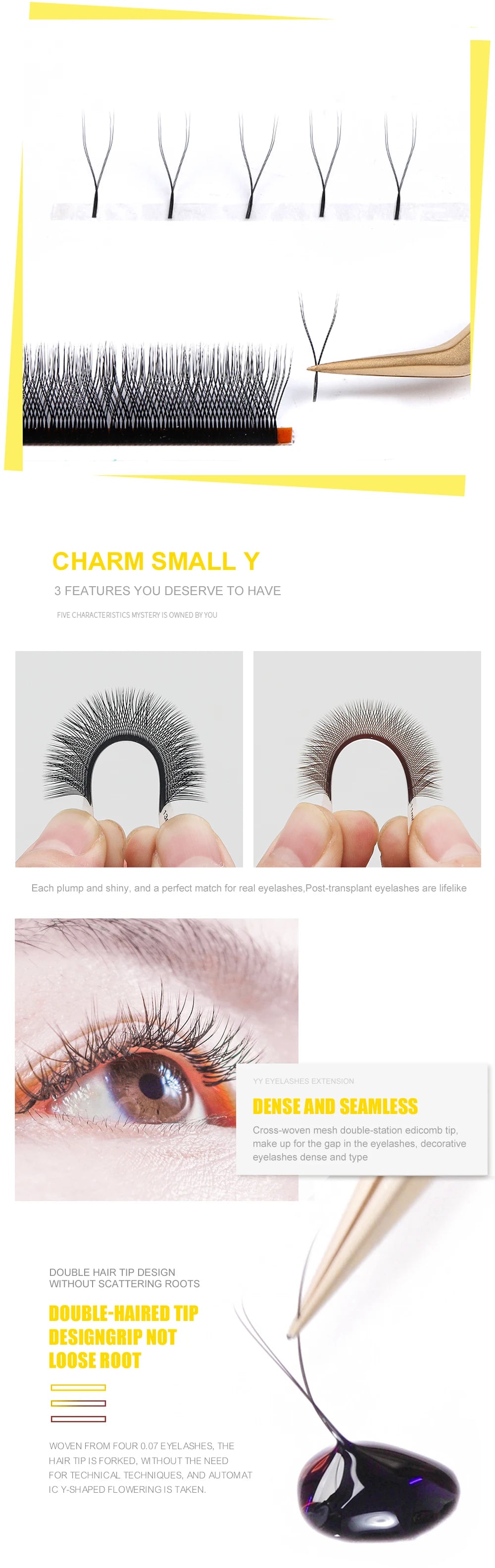 DeceMars YY Shape Eyelash Extensions – Black Brown, C/D Curl, 12 Lines C180