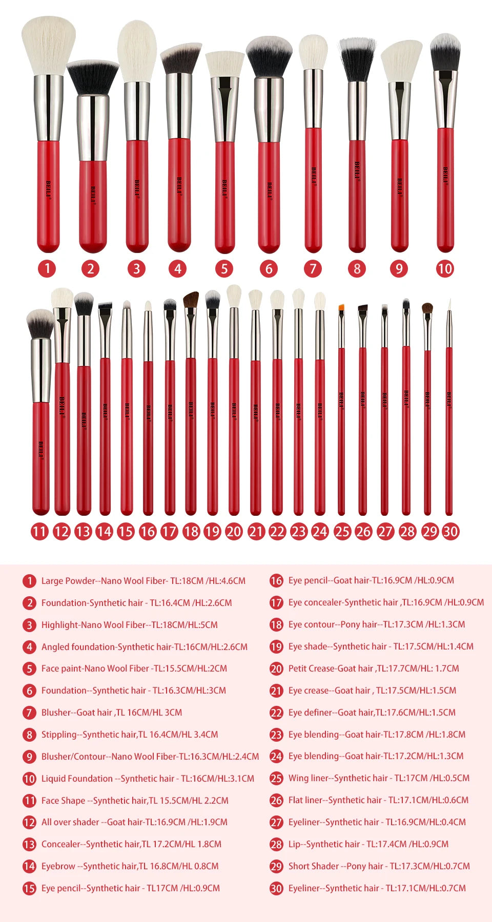 BEILI Red Eye Makeup Brush Set – 7/12/28/30 pcs Professional Natural Hair Kit