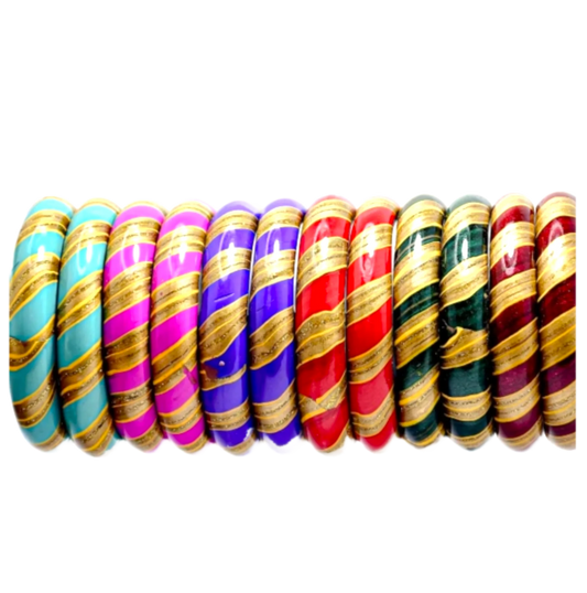 LuxuryGlow Jaipur Handmade Lac Kada Plain Leheria Set (12pc) | Traditional Rajasthani Bangles by