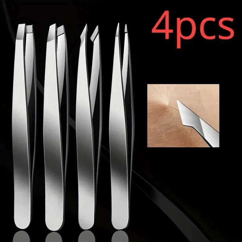 Juego de 4 pinzas profesionales de acero inoxidable LuxuryGlow: elimina fácilmente el vello facial, las cejas y las astillas.