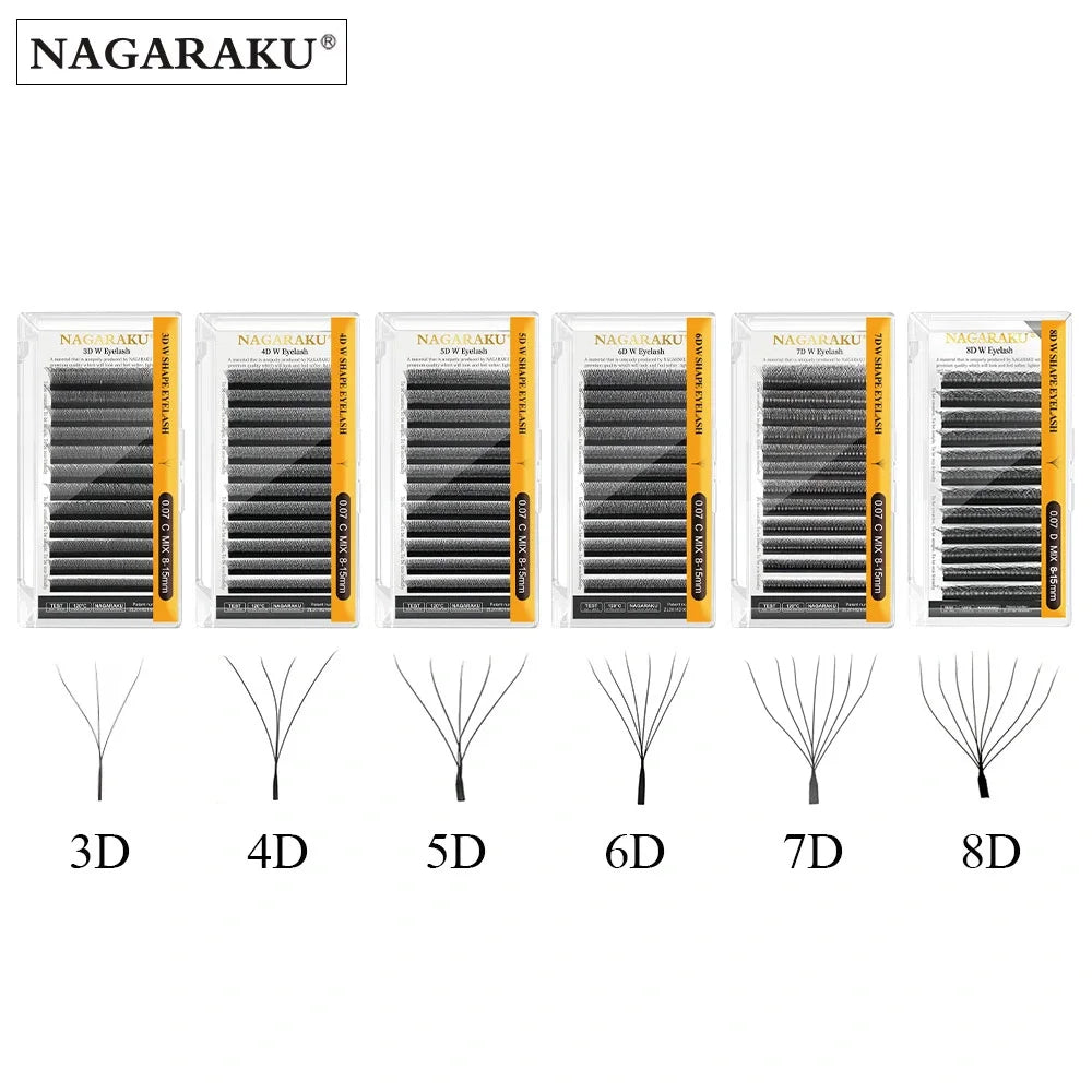 رموش NAGARAKU W Shape 3D–8D جاهزة الصنع - رموش كثيفة ناعمة وطبيعية وخفيفة الوزن C234