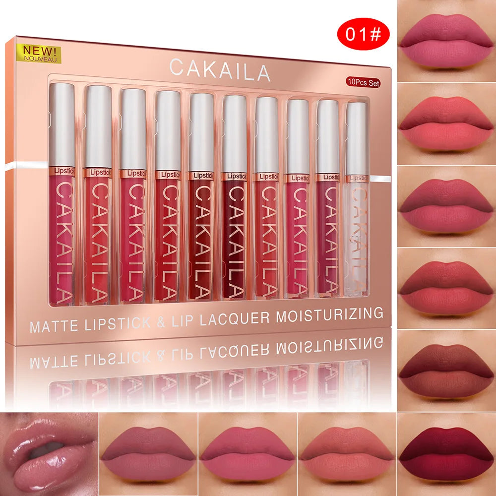 CAKAILA 10pcs Matte Nude Lip Gloss Set – Waterproof, Long-Lasting Lipsticks