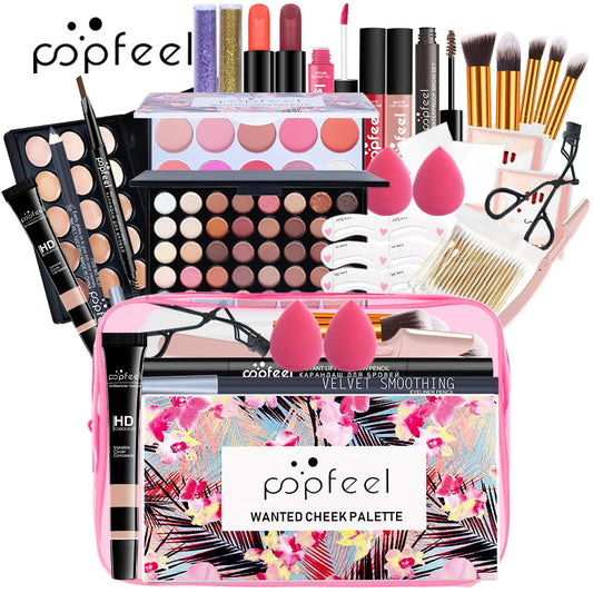 مجموعة هدايا مكياج POPFEEL من LuxuryGlow - مجموعة كاملة للوجه مع ظلال العيون، ملمع الشفاه، كريم الأساس، والفرش