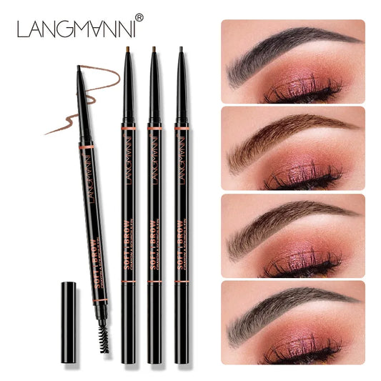 قلم حواجب Langmanni مزدوج الطرف مقاوم للماء - رأس رفيع 1.5 مم + فرشاة لحواجب طبيعية تدوم طويلاً