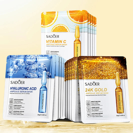 SADOER 15PCS 24K Gold Hyaluronic Acid Face Masks – Firming & Hydrating Skincare Set