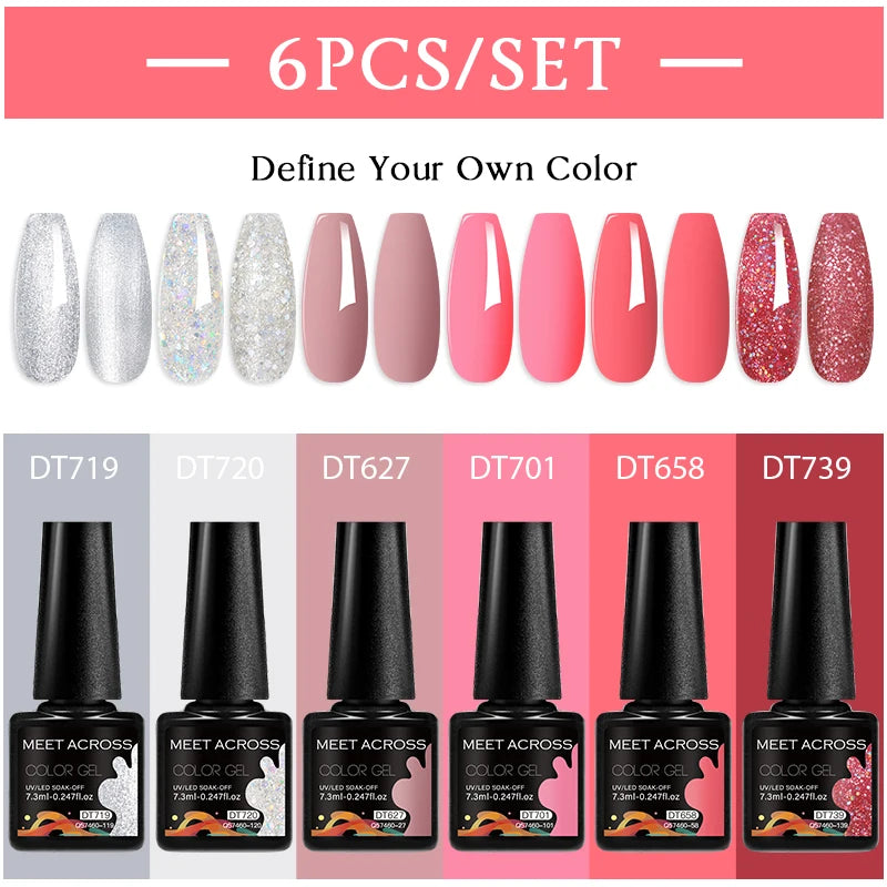 MEET ACROSS 6PC UV LED Gel Nail Polish Set – Soak Off Semi-Permanent Manicure Kit (7ml Each) C103