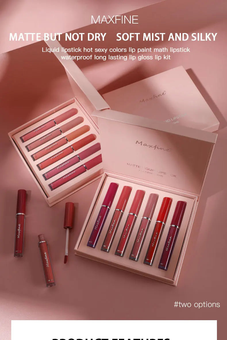Set de brillo labial mate MAXFINE: 6 labiales resistentes al agua y de larga duración en caja de regalo