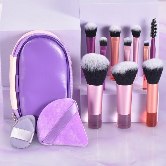 مجموعة فرش مكياج صغيرة من LuxuryGlow، 10 ألوان، مجموعة سفر محمولة مع إسفنجة وأدوات