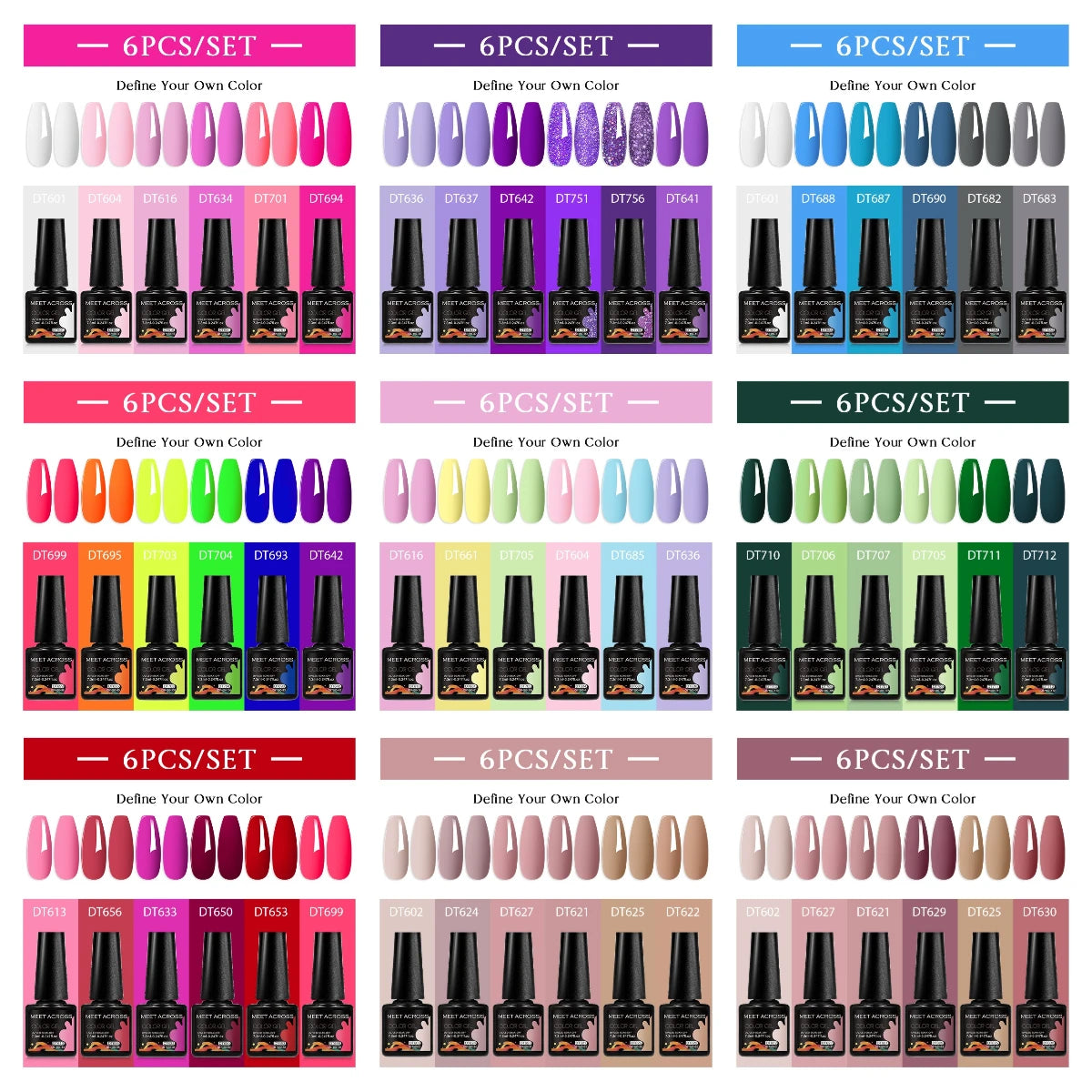 MEET ACROSS 6PC UV LED Gel Nail Polish Set – Soak Off Semi-Permanent Manicure Kit (7ml Each) C50