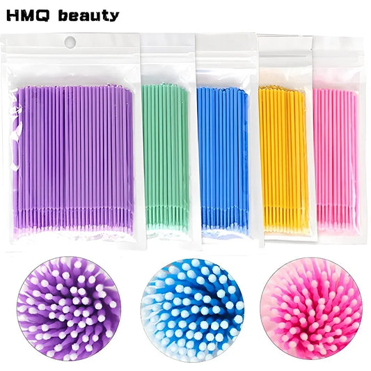 HMQ Beauty - 100 aplicadores de microcepillos desechables: hisopos de algodón para extensiones de pestañas y usos estéticos