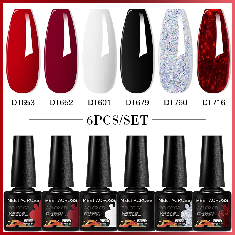 MEET ACROSS 6PC UV LED Gel Nail Polish Set – Soak Off Semi-Permanent Manicure Kit (7ml Each) C103