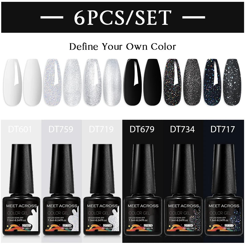 MEET ACROSS 6PC UV LED Gel Nail Polish Set – Soak Off Semi-Permanent Manicure Kit (7ml Each) C103