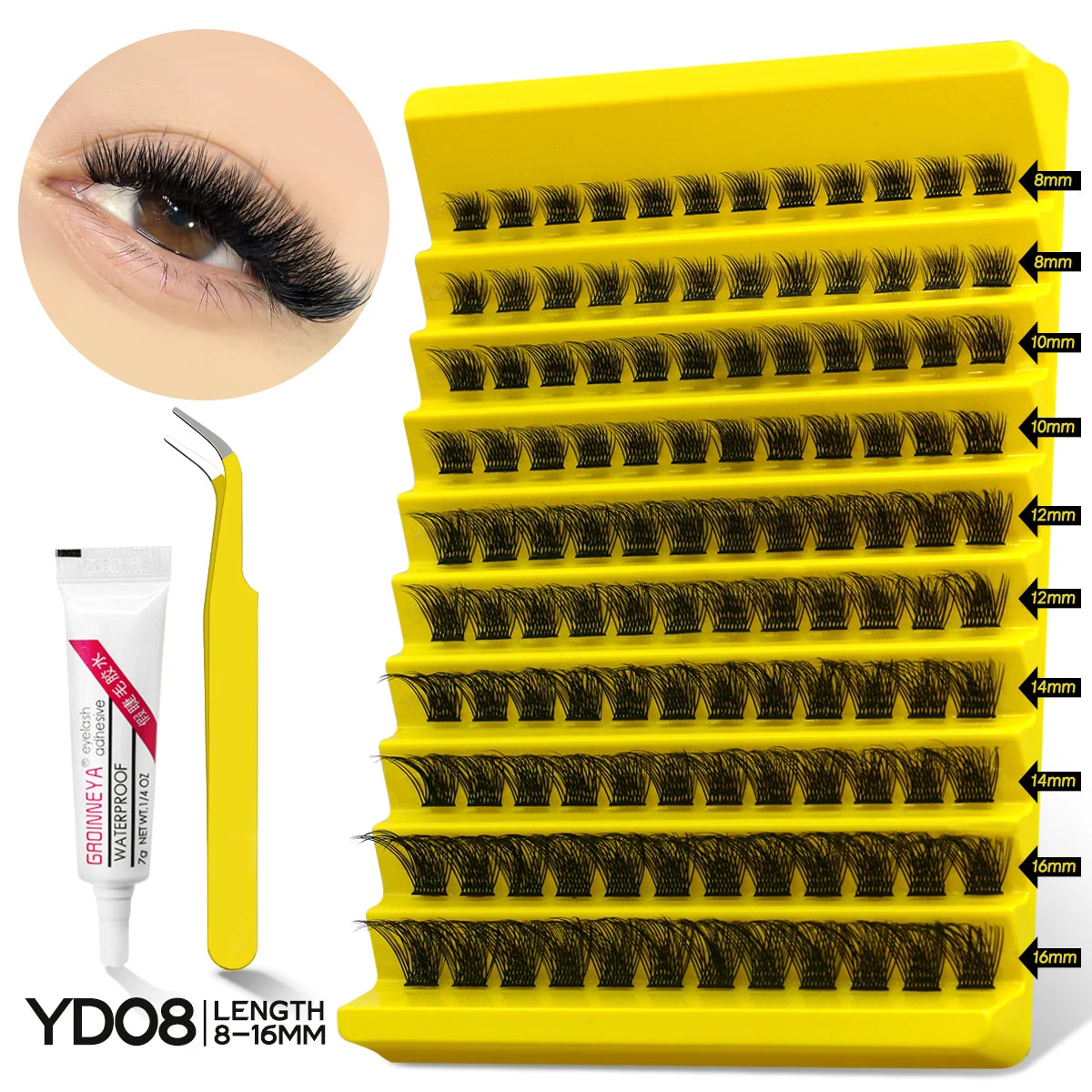 GROINNEYA DIY Lash Extension Kit – Natural Look Clusters with Bond & Seal, Tweezers Included