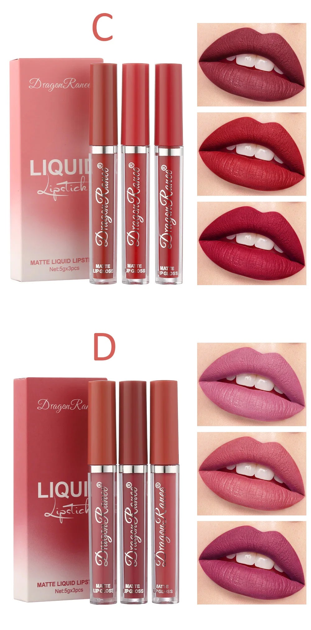 LuxuryGlow - Set de 3 labiales líquidos mate de larga duración - Maquillaje coreano resistente al agua