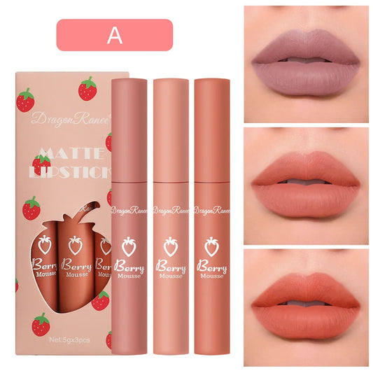 Dragon Ranee - Set de 3 brillos labiales mate de fresa aterciopelados: resistentes al agua y de larga duración