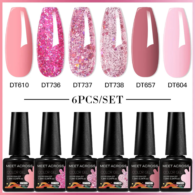 MEET ACROSS 6PC UV LED Gel Nail Polish Set – Soak Off Semi-Permanent Manicure Kit (7ml Each) C103