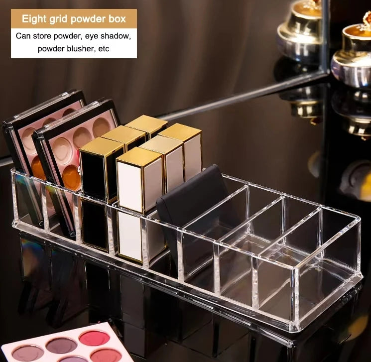 Caja de almacenamiento de cosméticos acrílica LuxuryGlow de 8 compartimentos: organizador de maquillaje para polvos, labiales y esmaltes de uñas