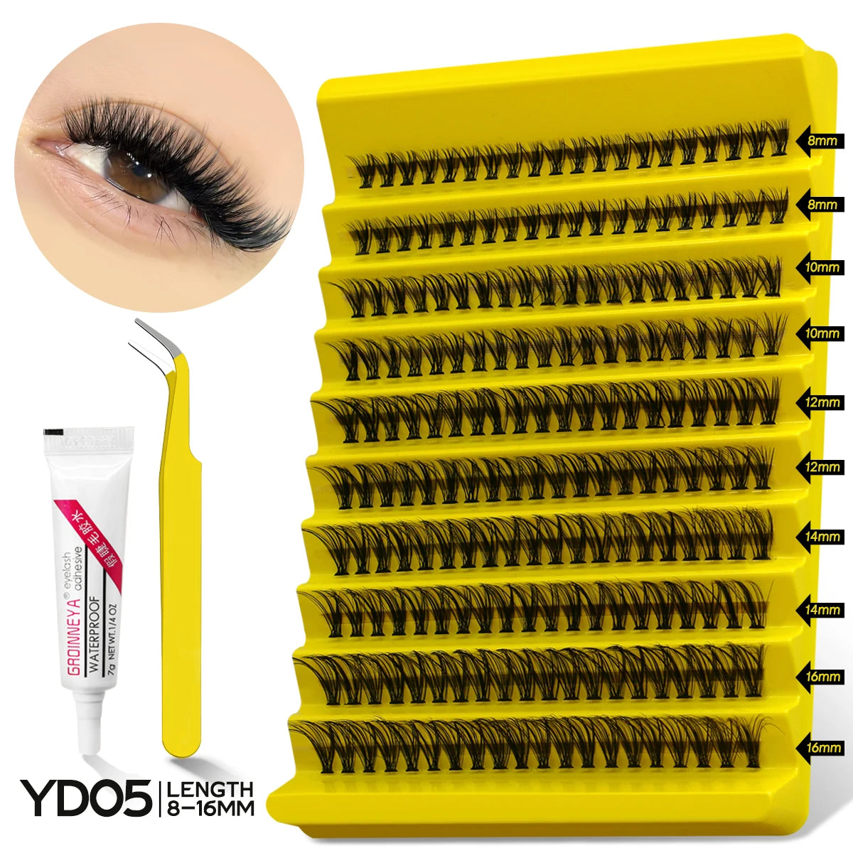 GROINNEYA DIY Lash Extension Kit – Natural Look Clusters with Bond & Seal, Tweezers Included