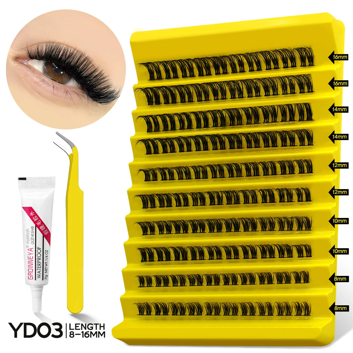 GROINNEYA DIY Lash Extension Kit – Natural Look Clusters with Bond & Seal, Tweezers Included