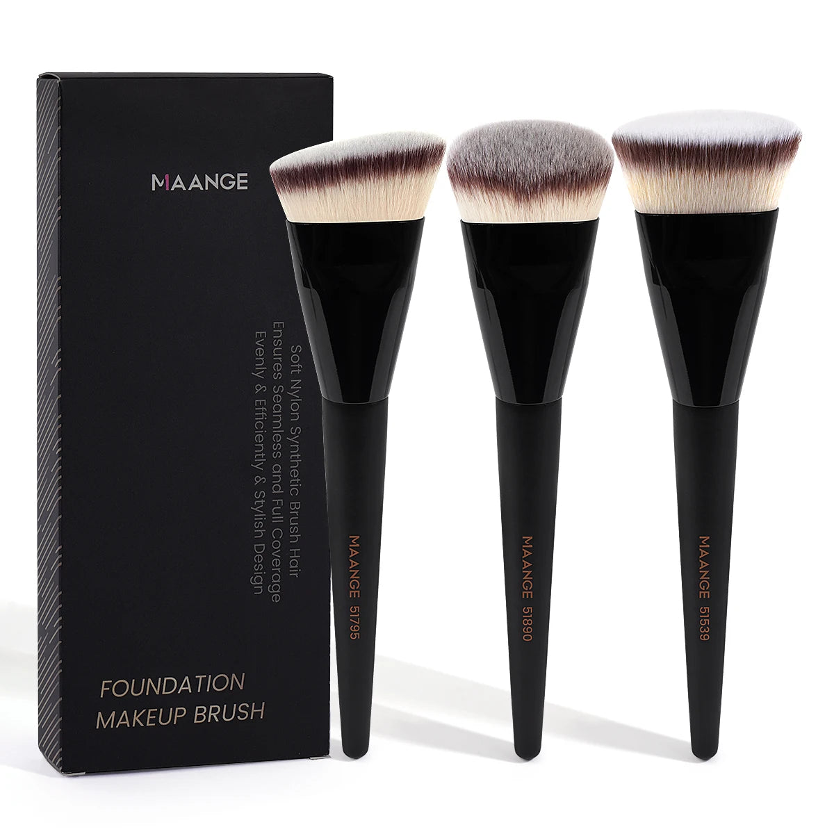 MAANGE 3pcs Foundation Makeup Brush Set – Flat, Angled & Round with Case