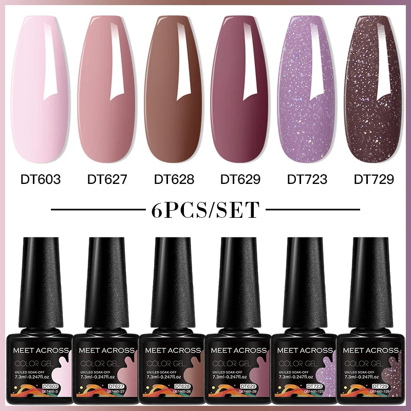 MEET ACROSS 6PC UV LED Gel Nail Polish Set – Soak Off Semi-Permanent Manicure Kit (7ml Each) C103