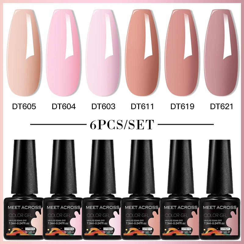 MEET ACROSS 6PC UV LED Gel Nail Polish Set – Soak Off Semi-Permanent Manicure Kit (7ml Each) C25