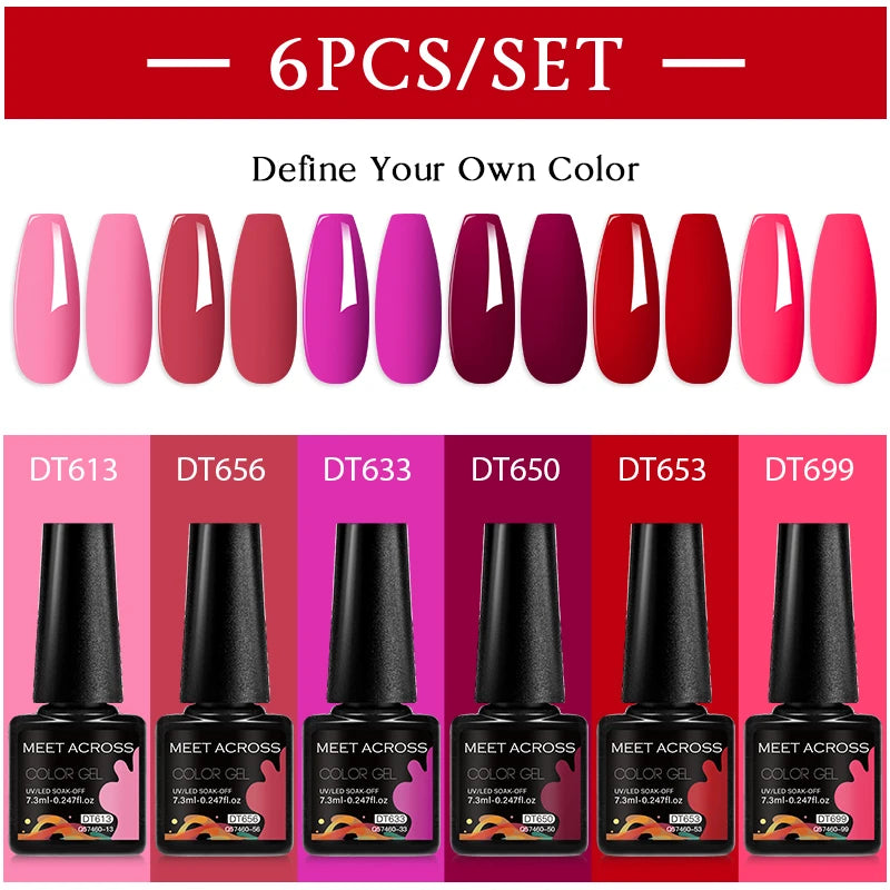 MEET ACROSS 6PC UV LED Gel Nail Polish Set – Soak Off Semi-Permanent Manicure Kit (7ml Each) C50