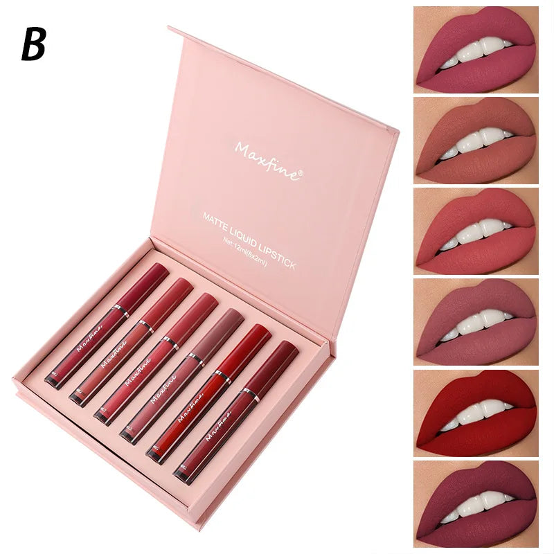 Set de brillo labial mate MAXFINE: 6 labiales resistentes al agua y de larga duración en caja de regalo