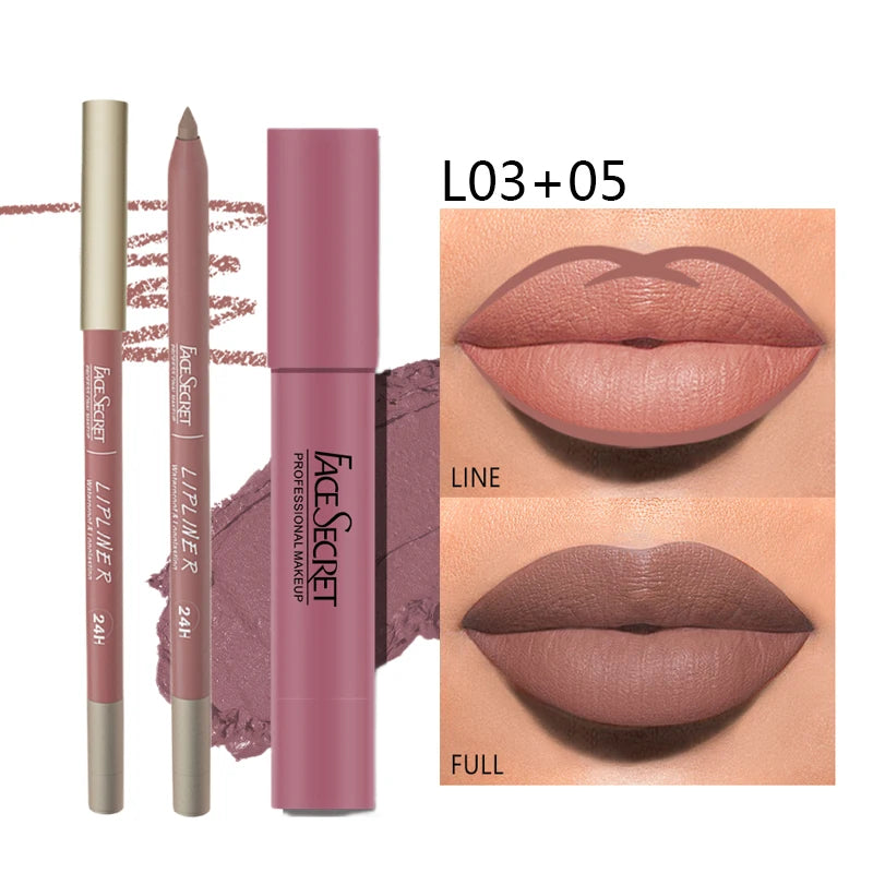 Set de lápiz labial y delineador mate FACESECRET: maquillaje de labios resistente al agua y de larga duración