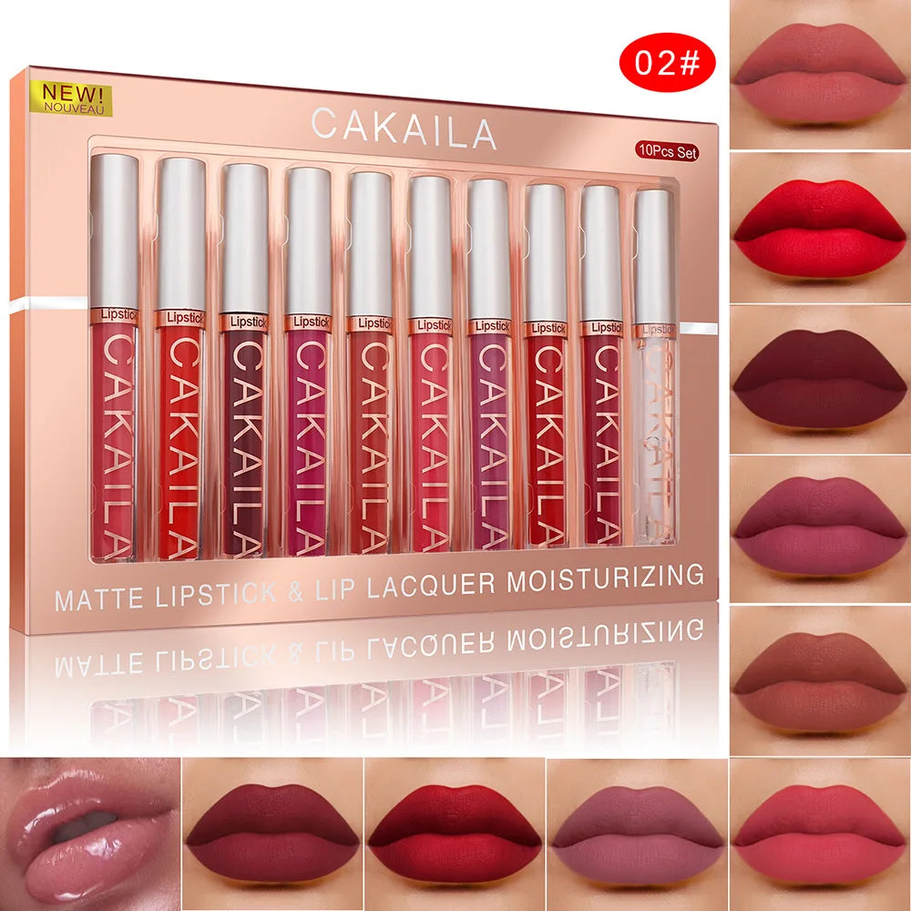 CAKAILA 10pcs Matte Nude Lip Gloss Set – Waterproof, Long-Lasting Lipsticks