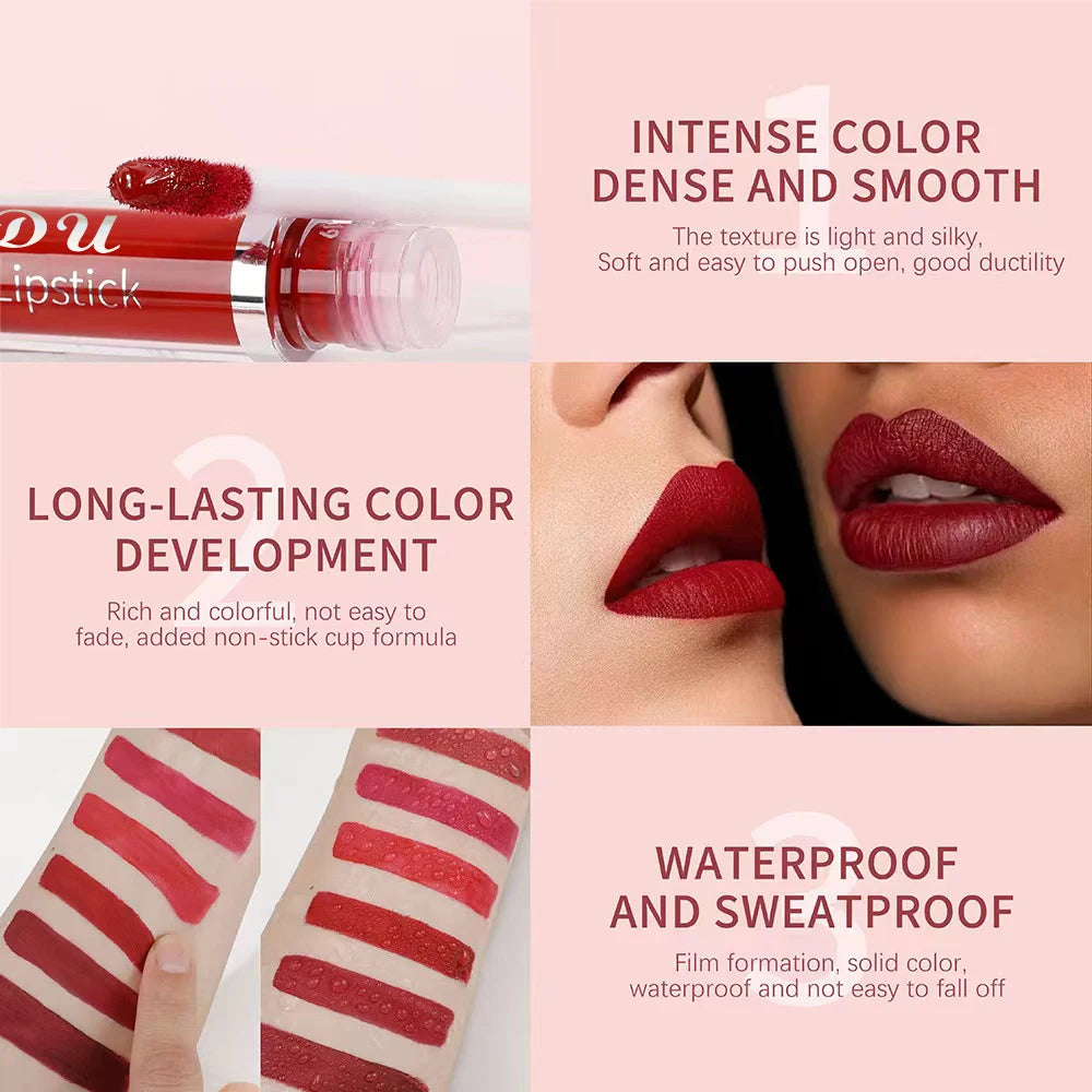 Brillo labial mate CmaaDu: labial resistente al agua y de larga duración en intensos tonos rojos.